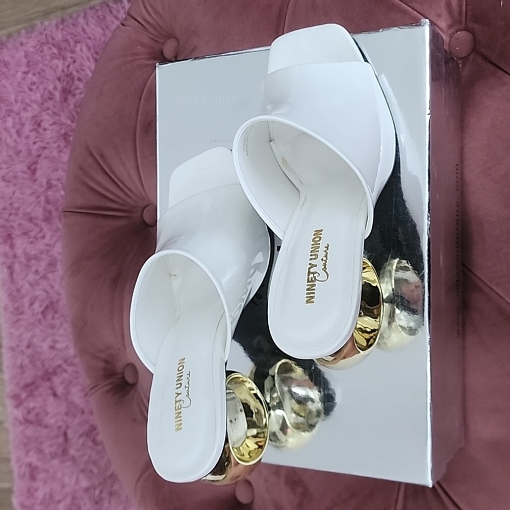 Gold Sculptured & White Patent Mules